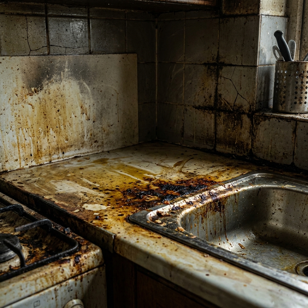 Dirty tiles and discoloured countertops