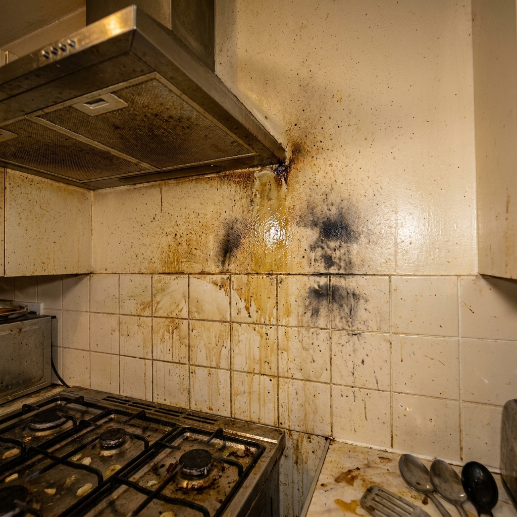 Sticky kitchen walls covered in splatter