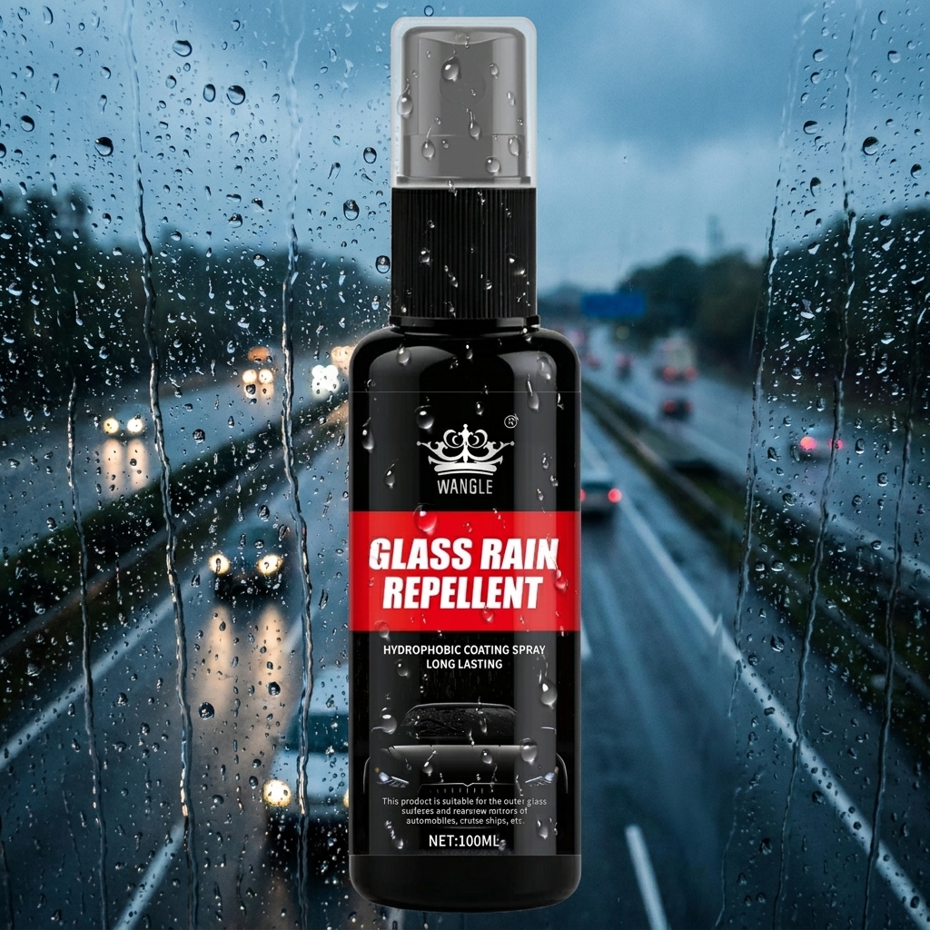 ClearView bottle on a rain-streaked windshield