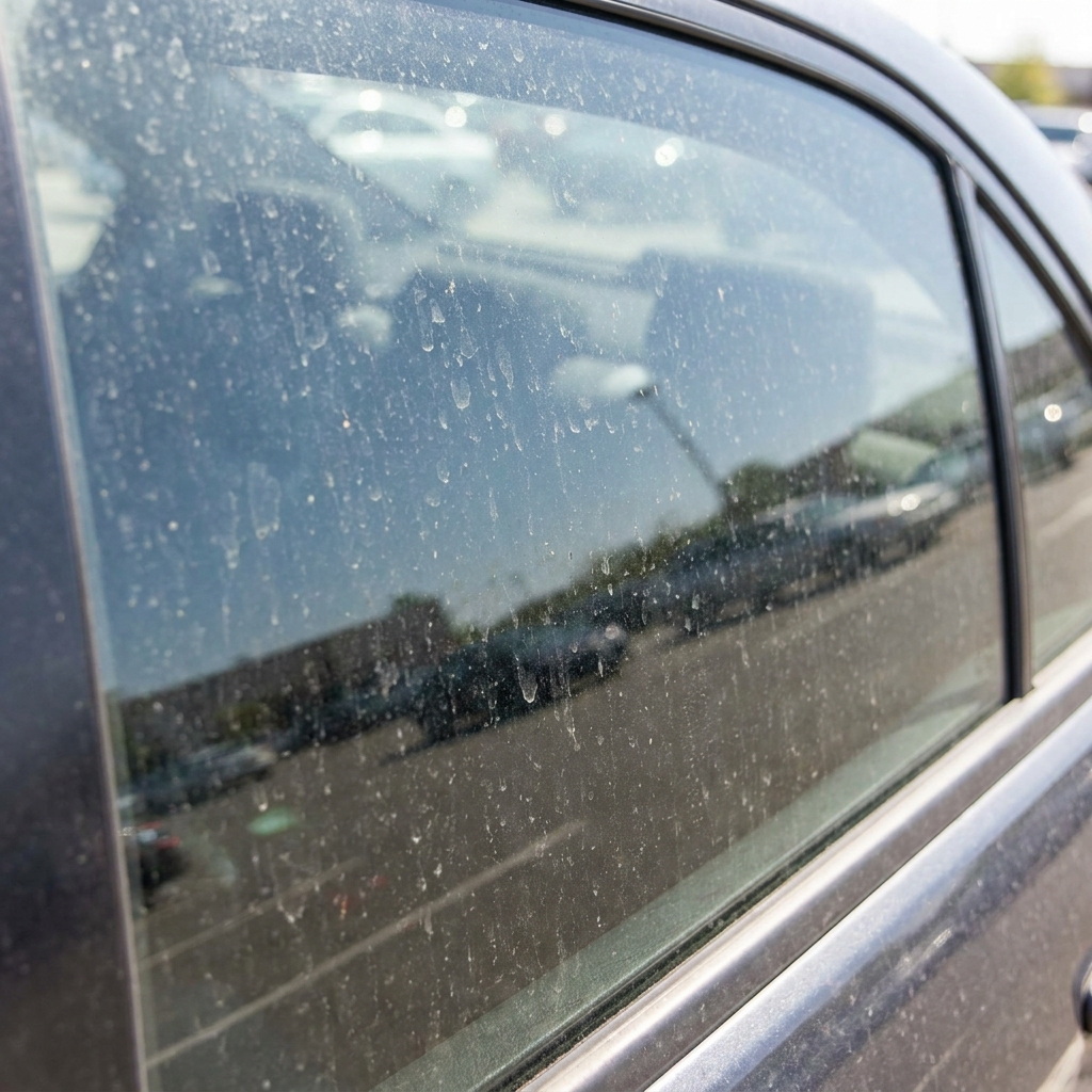 Car side glass with dried water spots and grime before ClearView