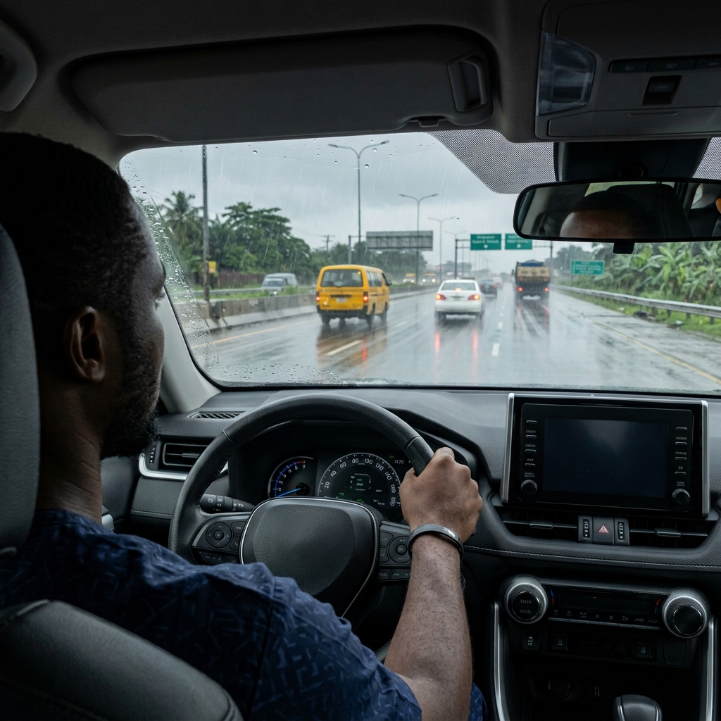 Tunde's windshield clear on the highway despite rain