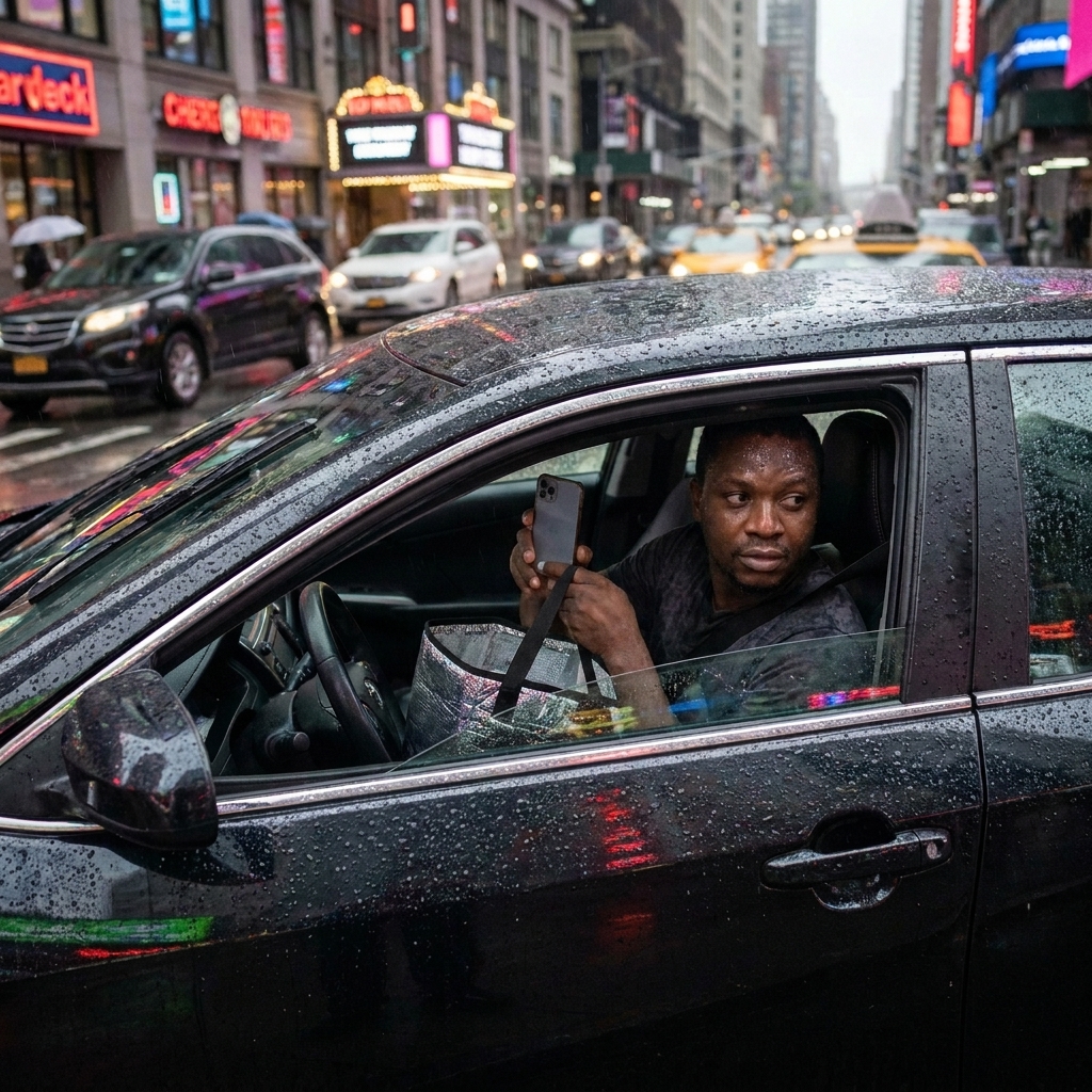 Ride-share or delivery driver driving in rain