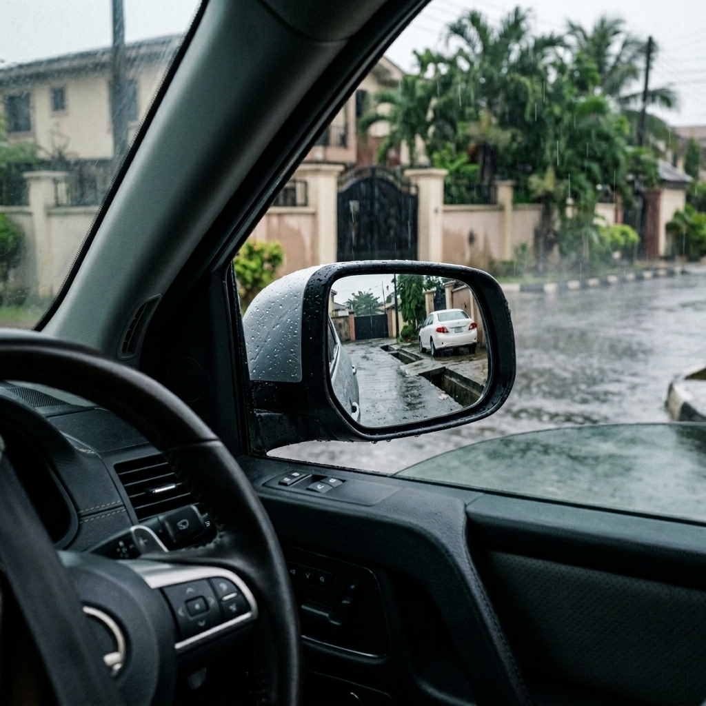 Adebayo reversing safely in the rain