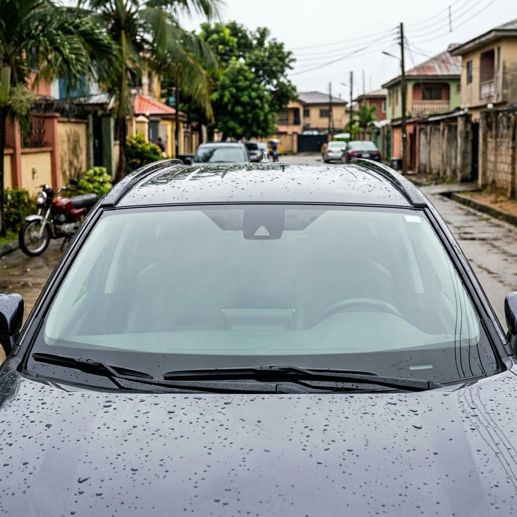 Chinedu's windshield clear after rain, no wiper chatter marks