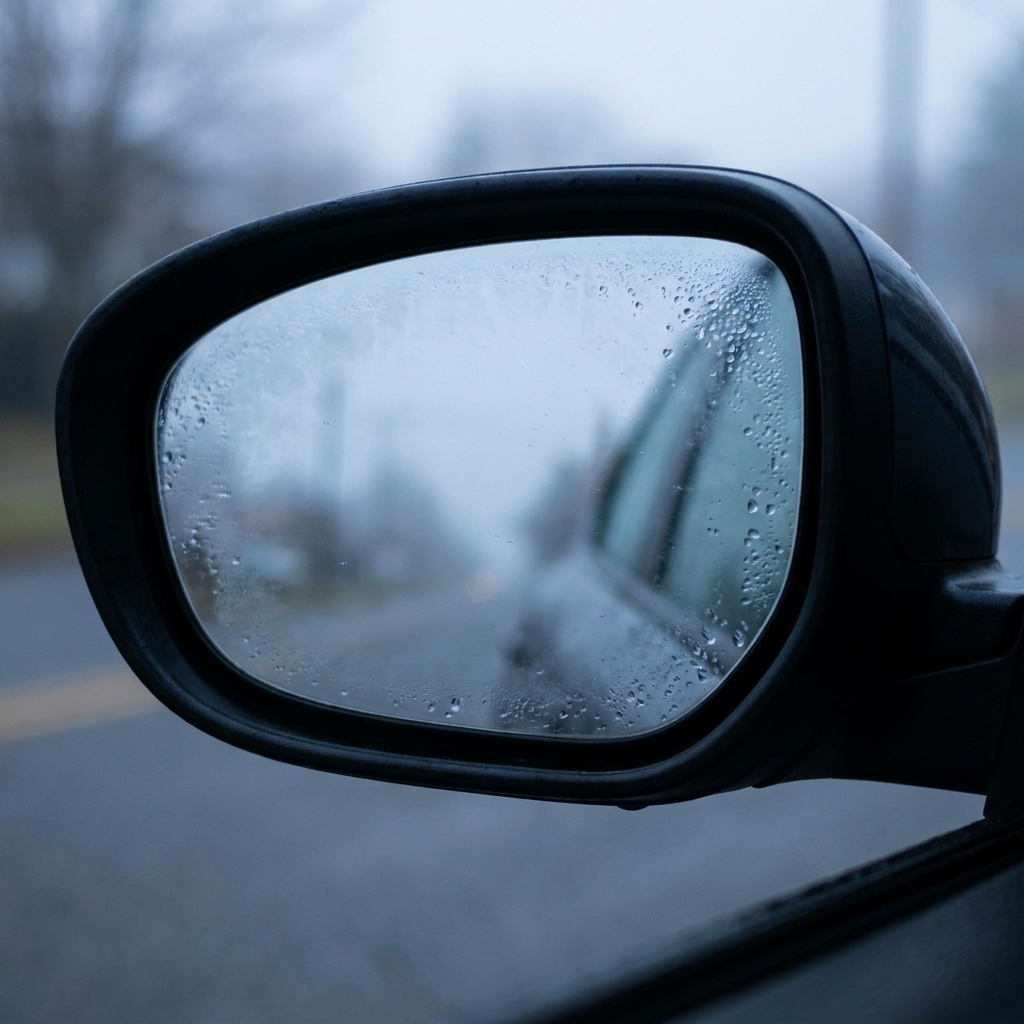 Side mirror fogged with droplets before ClearView