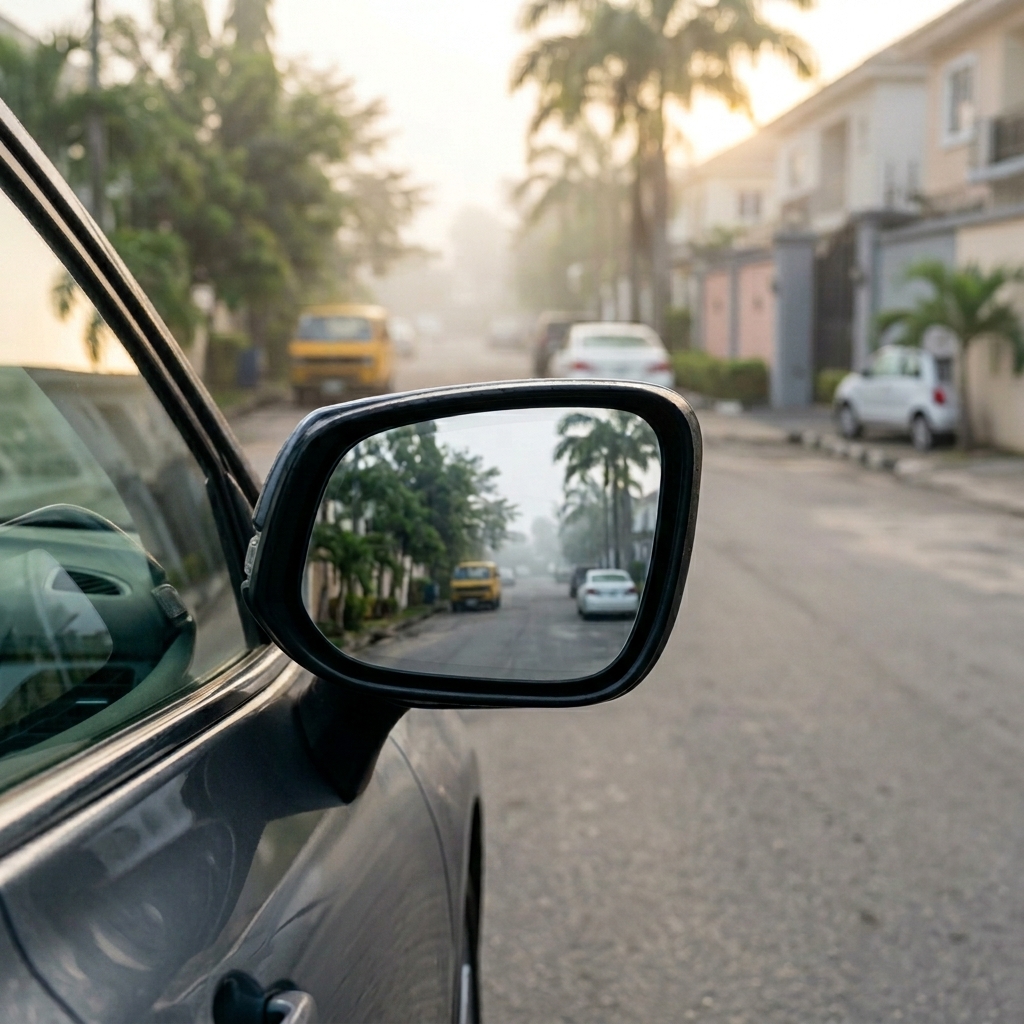 Ibrahim's side mirror clear on a cold morning