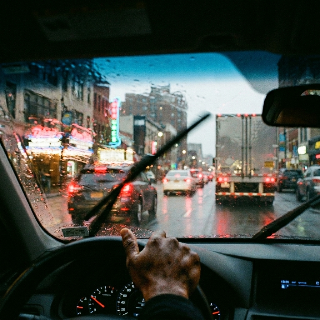 Driver's view through rain-streaked windshield