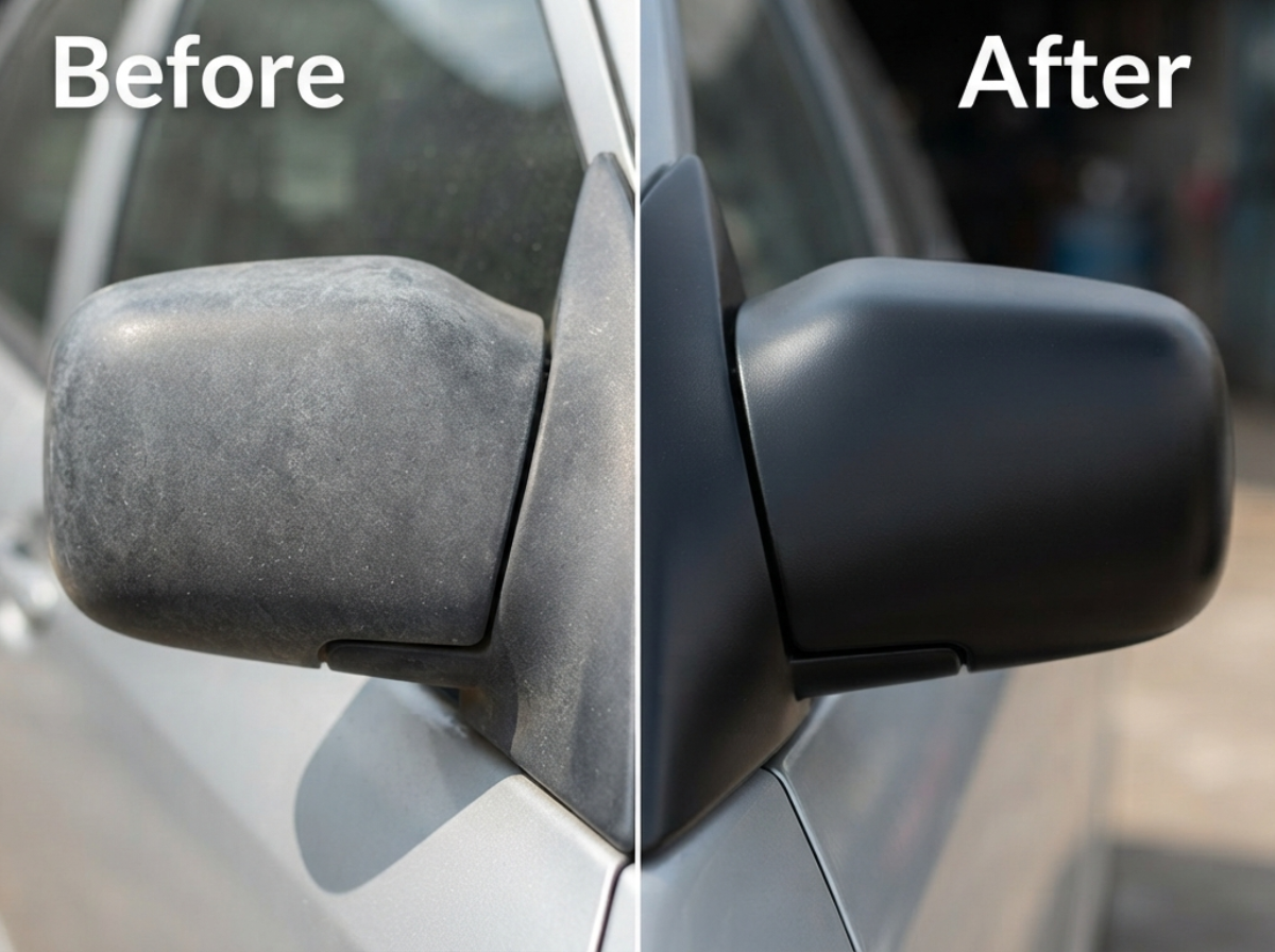 Car side mirror trim restored with AutoBlack — even finish, no streaking