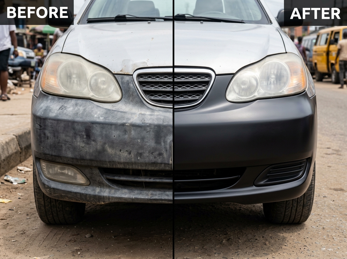 Car bumper transformation — chalky grey to deep black with AutoBlack