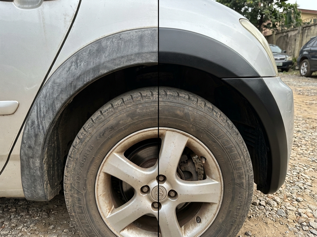 Car wheel arch trim restored with AutoBlack — dust-resistant finish