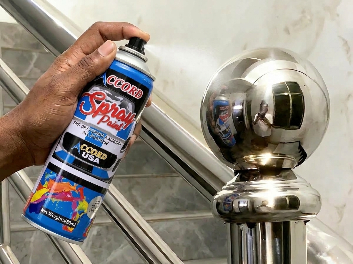 Chrome restoration spray on staircase railing