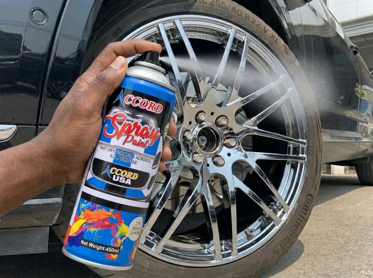 Man spraying ShinePro chrome spray on car rim