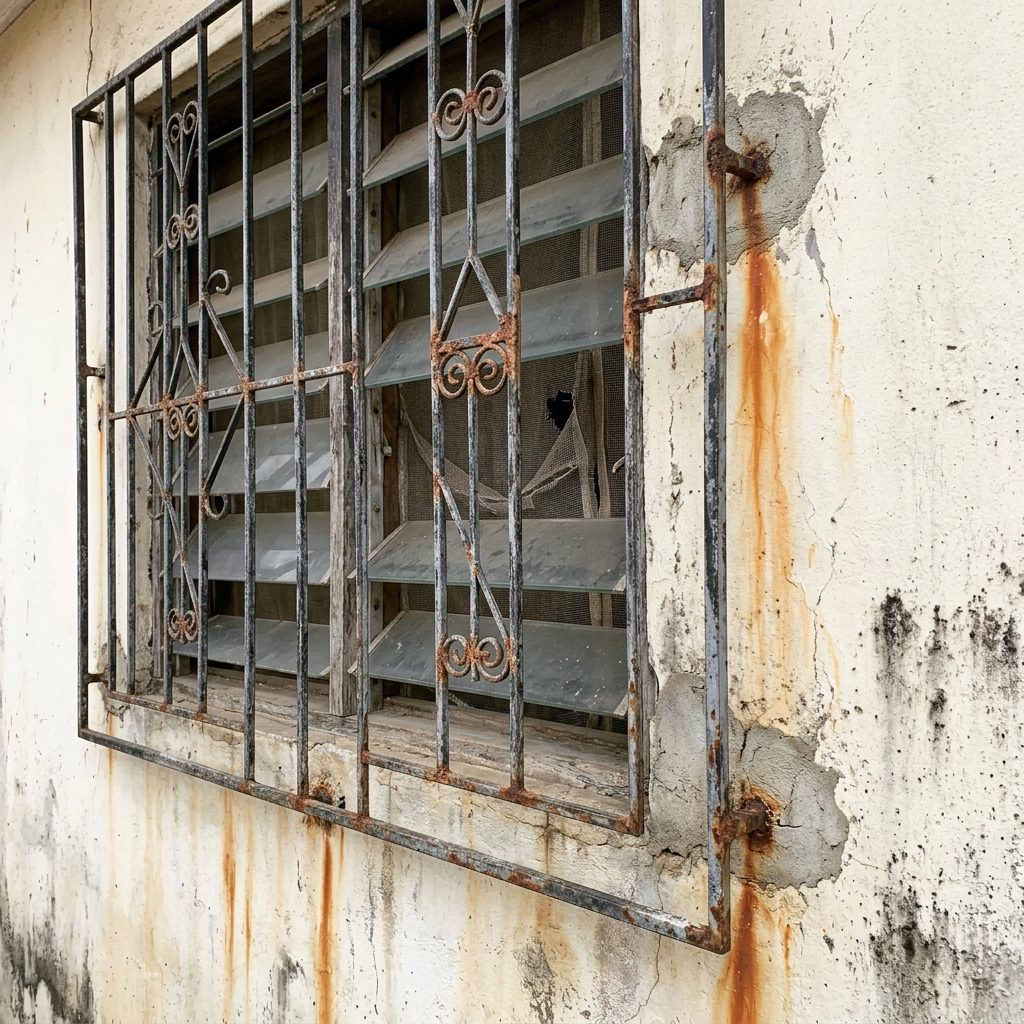 Black window burglary proof faded grey with rust spots