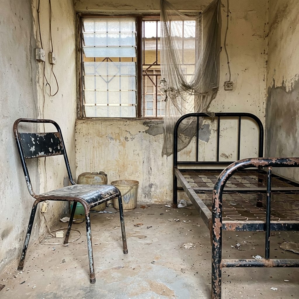 Black metal chair / bed frame with chipped paint and rusty legs