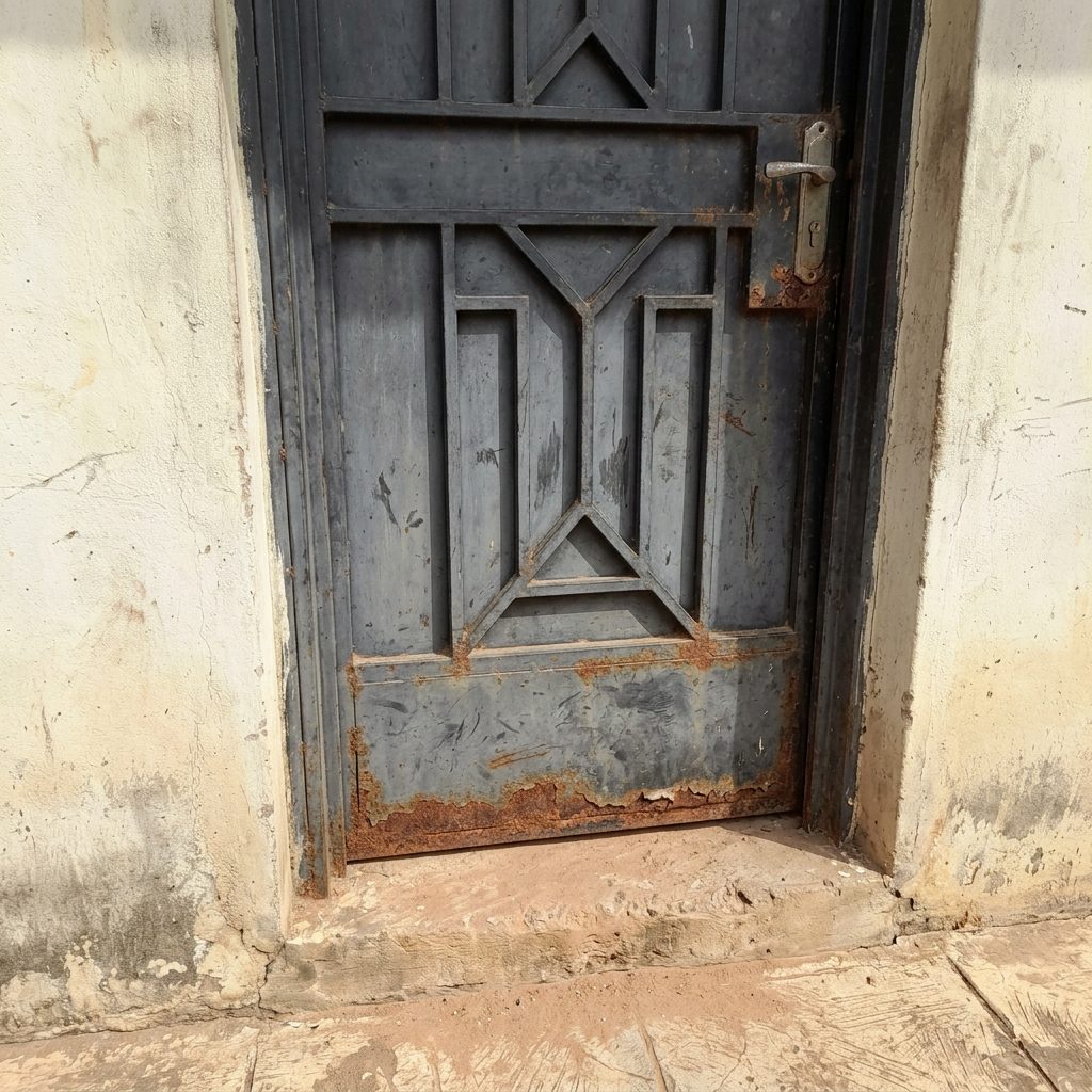 Black metal door faded grey, scratched with rust at the bottom