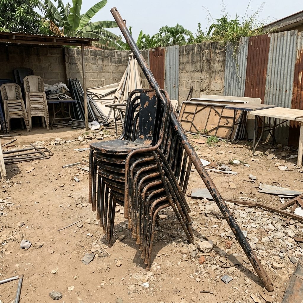 Black metal event chairs and canopy poles, scratched and rusty
