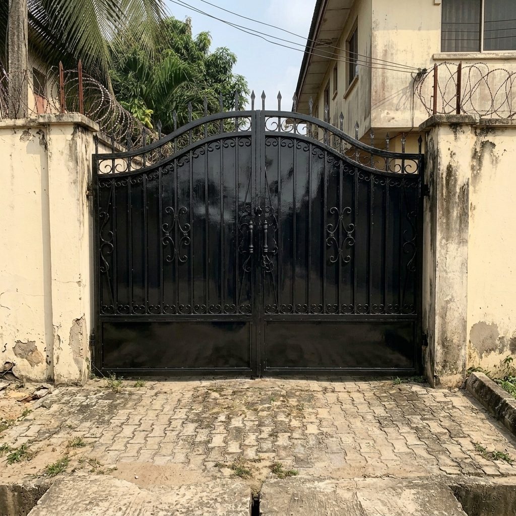 Same gate in deep, shiny gloss black reflecting sunlight