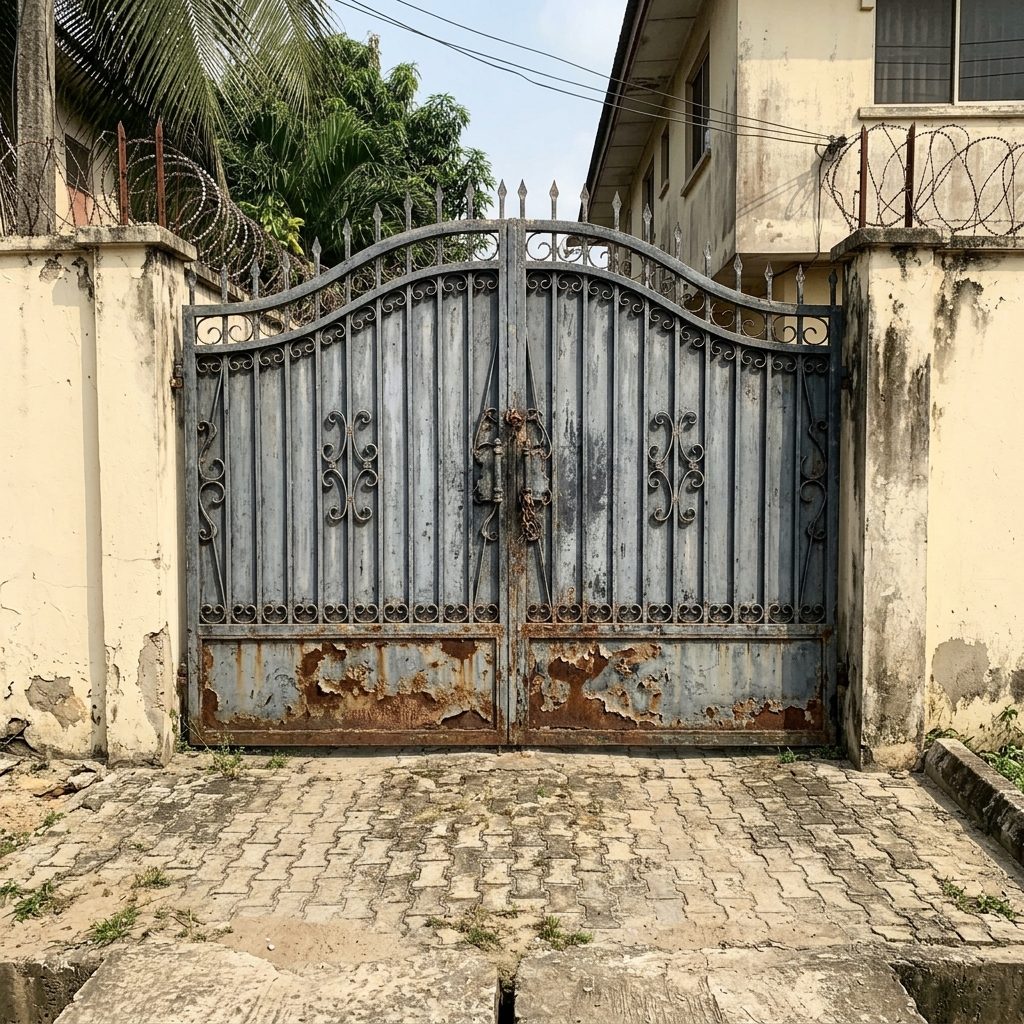 Black gate faded to dull grey, rust patches at the bottom, peeling paint