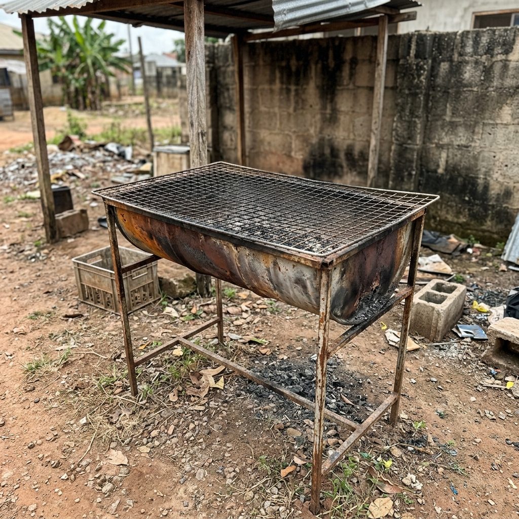 Black metal grill / suya stand, rusty and dull from smoke and rain