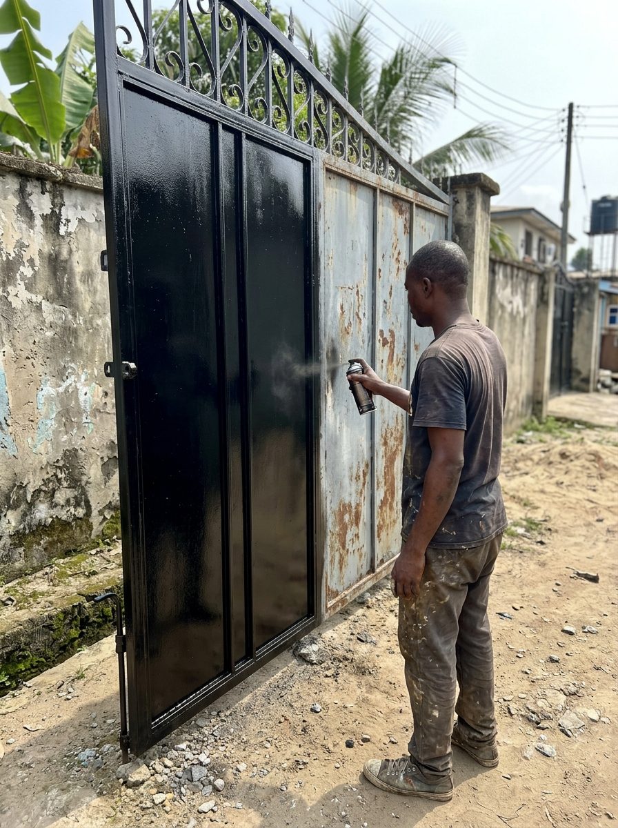 Man spraying a rusty gate gloss black — half done, half still rusty