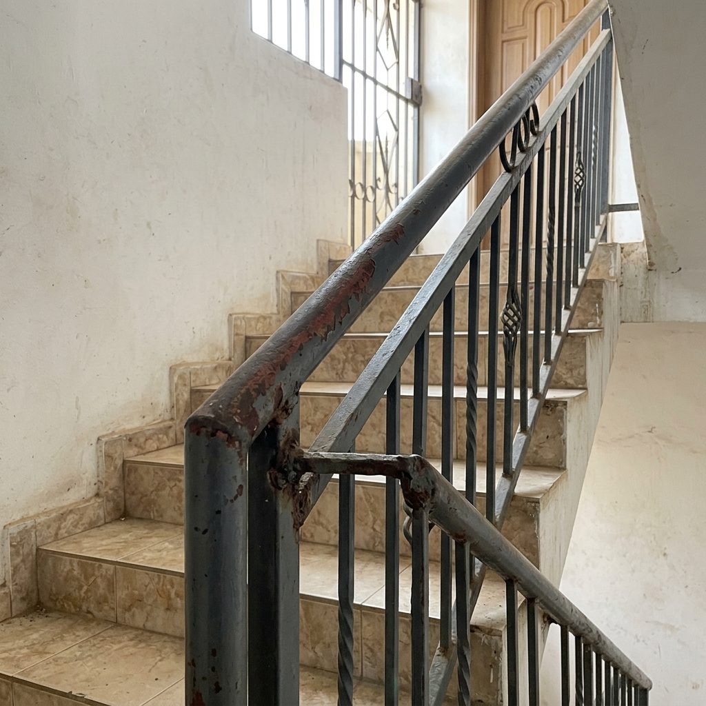 Black iron staircase / balcony railings faded grey, rust where hands touch and at the joints