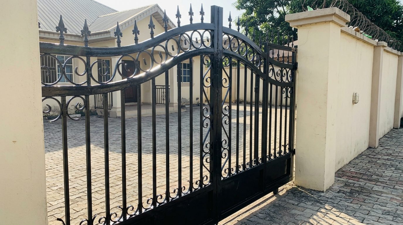 Freshly sprayed glossy black gate shining in sunlight