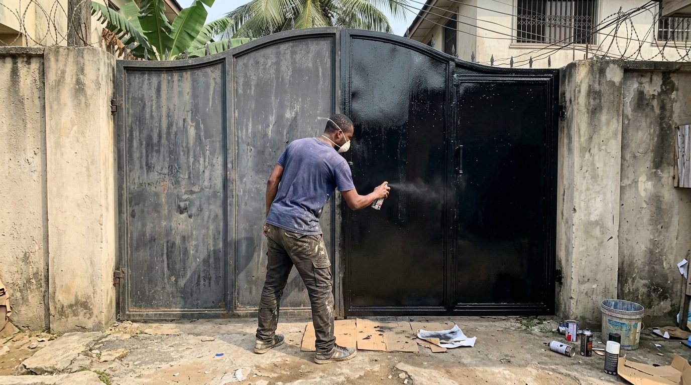 Man spraying a faded gate gloss black — half done