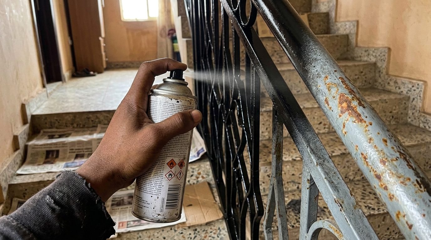 Hand spraying a staircase railing black