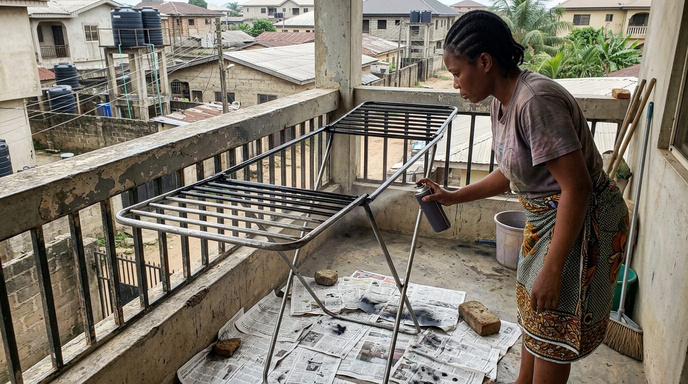 Woman spraying a metal drying rack or chair black