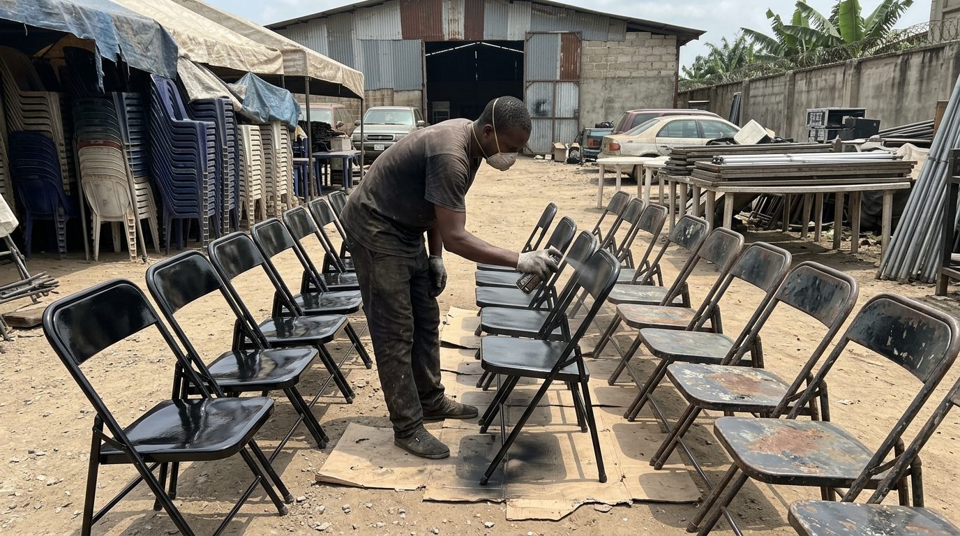 Man spraying a row of event chairs or a suya grill stand black