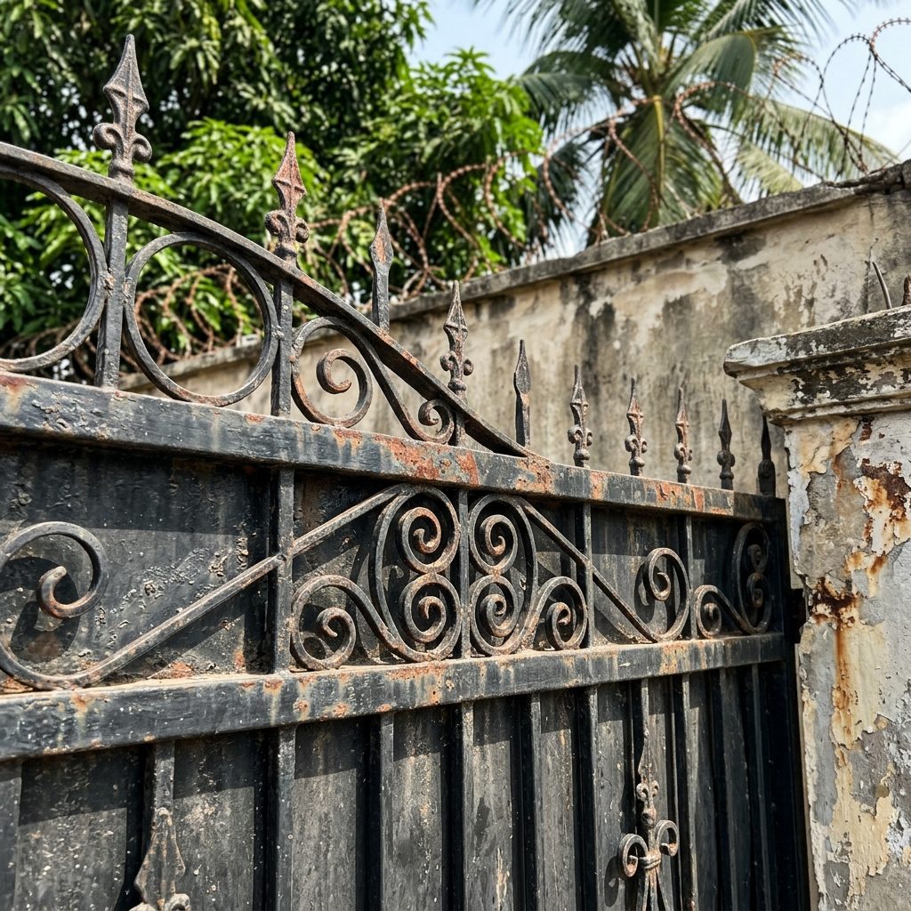 Black gate with rusty spikes