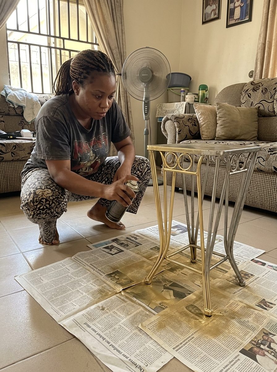 Woman spraying chair or table legs 18K gold, finished gold pieces beside her