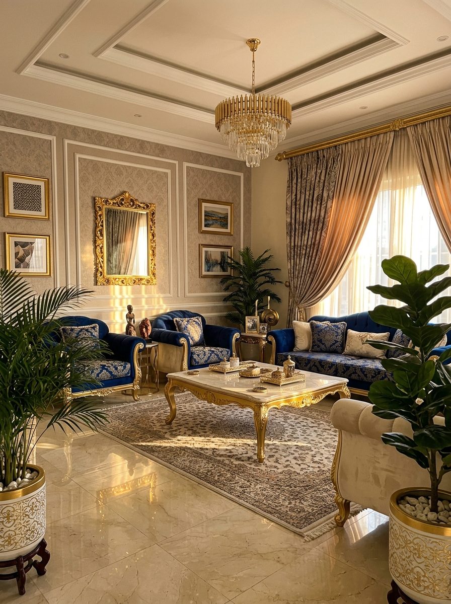 Sitting room with gold-finished table legs, frames and curtain rods
