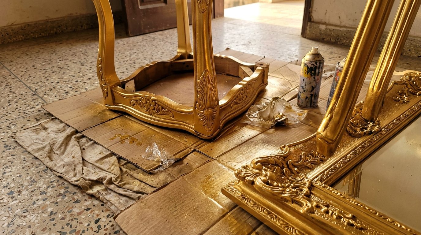 Close-up of gold-sprayed furniture legs and a mirror frame