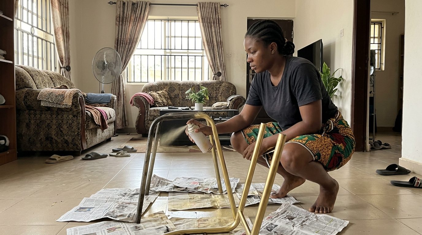 Woman spraying chair legs gold