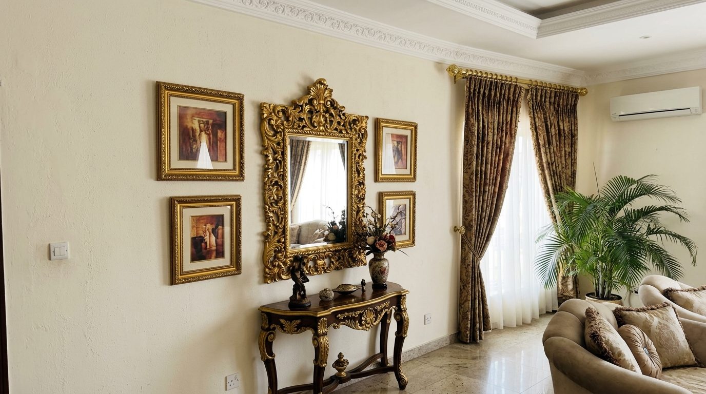 Gold-sprayed mirror frame on a wall